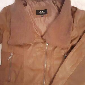 NWOT LA Couture Cognac Vegan Leather Jacket Large Cowl Neck Warm Moto